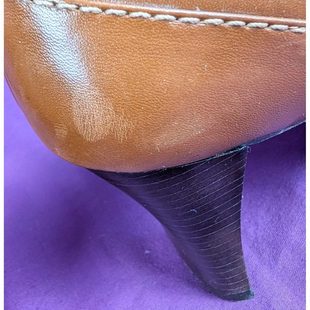Vintage Aerosoles Leather Peep Toe Pump Heels Mustard Brown Buckle Brazilian 8.5